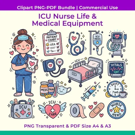 16 ICU Nurse Life & Medical Equipment PNG Bundle - Critical Care Clipart Illustrations