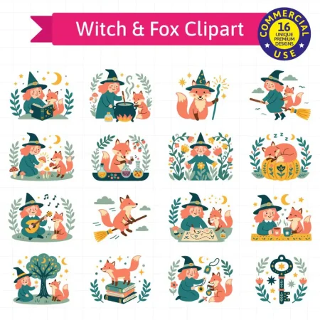 Witch and fox clipart bundle containing 16 flat vector illustrations. Features a cute cottagecore autumn witch brewing potions, flying on a broom, playing guitar, and reading with a red fox. Premium 300 DPI transparent PNG and layered Cricut SVG files for commercial use on mugs, t-shirts, and stickers from svg-files.com.