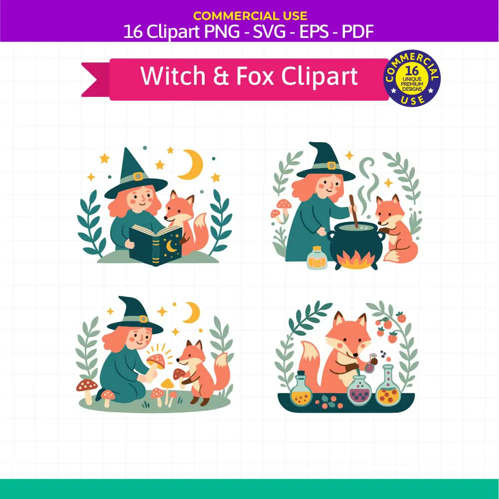 Witch and Fox Clipart Bundle - 16 Cute Whimsical Vector Graphics Pack - Image 3
