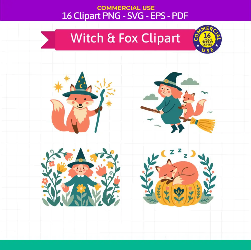 Witch and Fox Clipart Bundle - 16 Cute Whimsical Vector Graphics Pack - Image 2