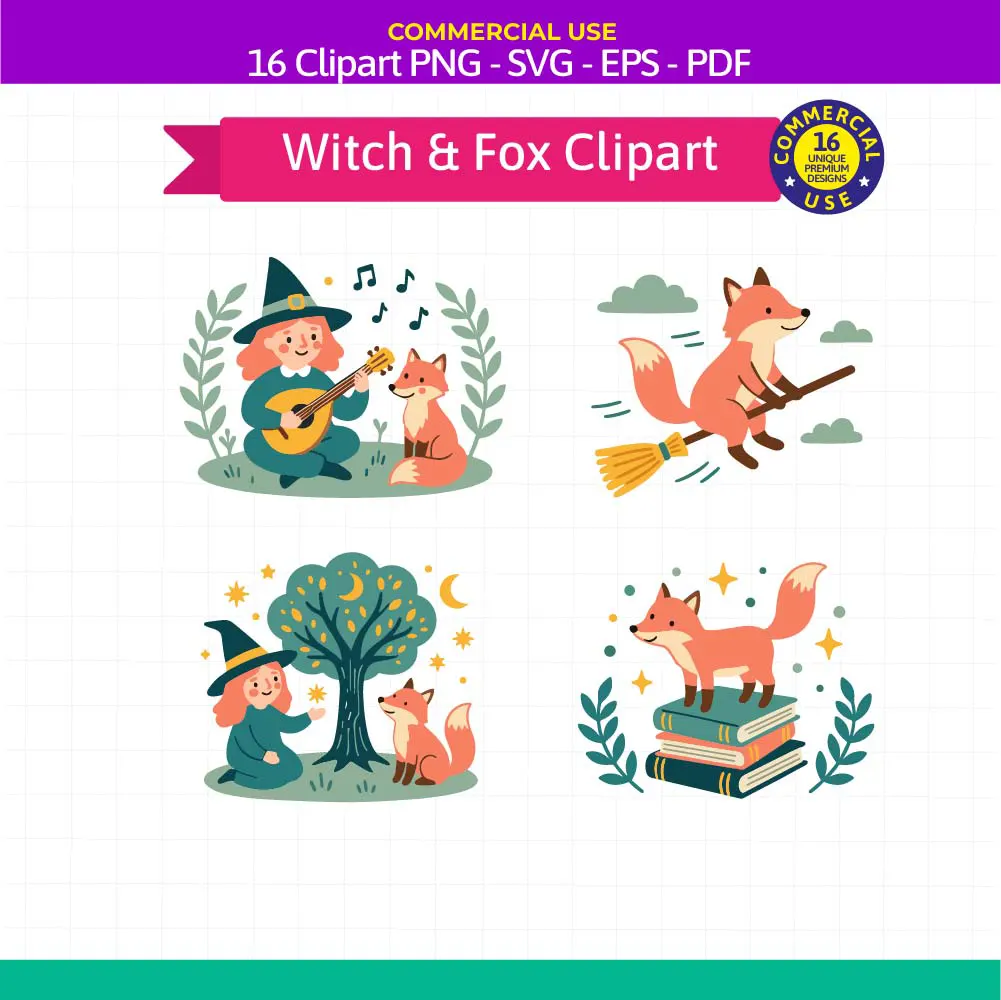 Witch and Fox Clipart Bundle - 16 Cute Whimsical Vector Graphics Pack - Image 5