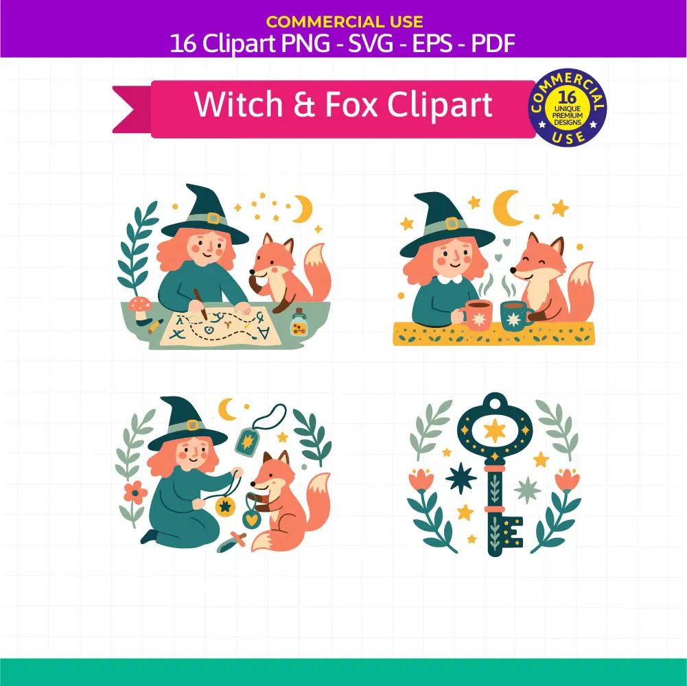 Witch and Fox Clipart Bundle - 16 Cute Whimsical Vector Graphics Pack - Image 4