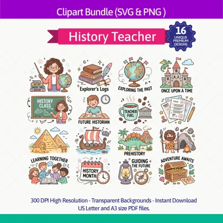 History Teacher Clipart Bundle - 16 World History SVG & PNG Designs for Educators