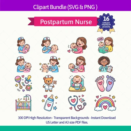 16 Postpartum & Pediatric Nurse Clipart Bundle - Cute Medical SVG & PNG Illustrations