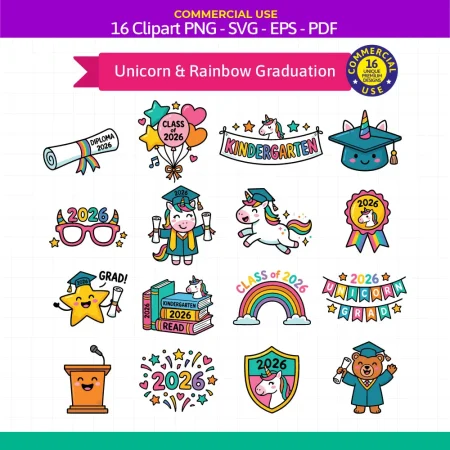 Premium graduation clipart bundle containing 16 cute unicorn and rainbow designs for kindergarten and preschool class promotions