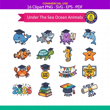 Premium under the sea ocean animals graduation clipart bundle containing 16 cute marine life designs for kindergarten and preschool class promotions.