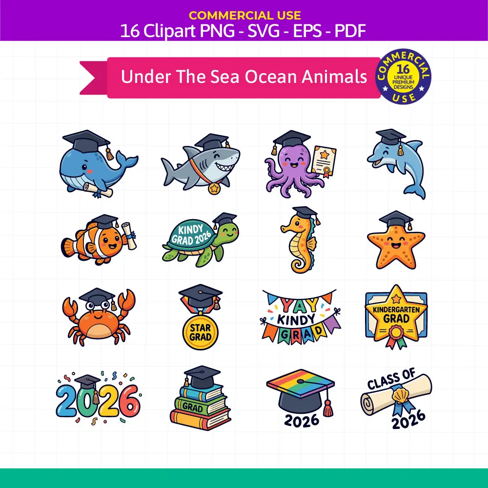 Premium under the sea ocean animals graduation clipart bundle containing 16 cute marine life designs for kindergarten and preschool class promotions.