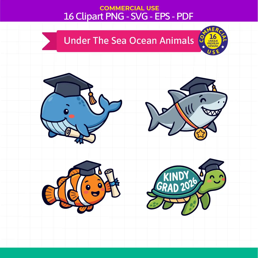 Under the Sea Ocean Animals Graduation Clipart Set - 16 Kindergarten & Preschool SVG PNG EPS PDF Bundle - Image 3