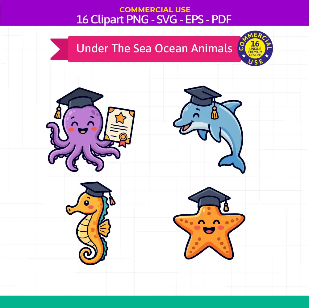 Under the Sea Ocean Animals Graduation Clipart Set - 16 Kindergarten & Preschool SVG PNG EPS PDF Bundle - Image 2
