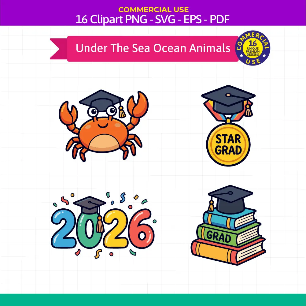 Under the Sea Ocean Animals Graduation Clipart Set - 16 Kindergarten & Preschool SVG PNG EPS PDF Bundle - Image 5