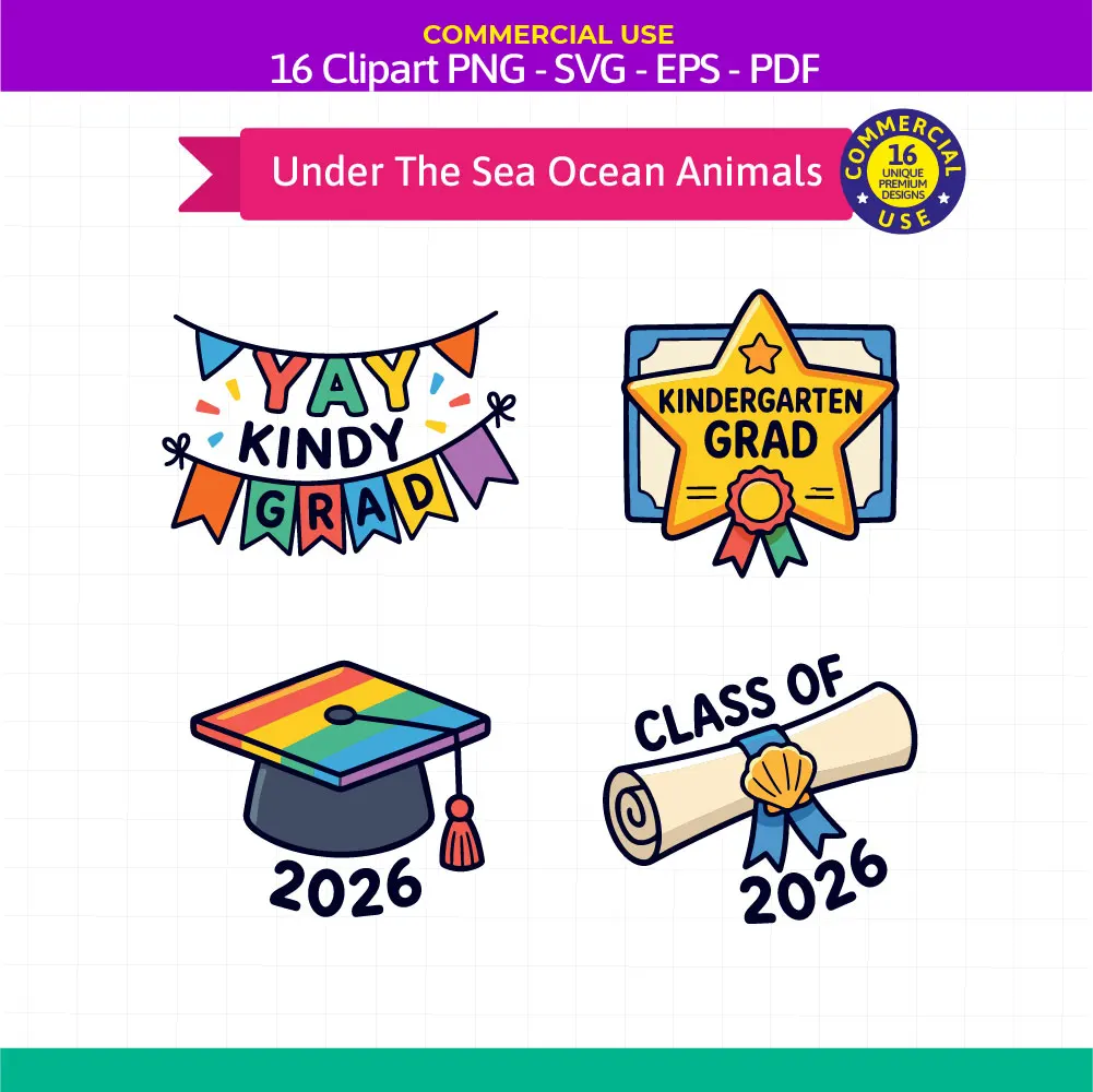 Under the Sea Ocean Animals Graduation Clipart Set - 16 Kindergarten & Preschool SVG PNG EPS PDF Bundle - Image 4